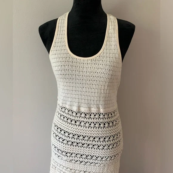 Solitaire Swim Crochet Fringed Cream Cotton Swim Coverup - Picture 6 of 14